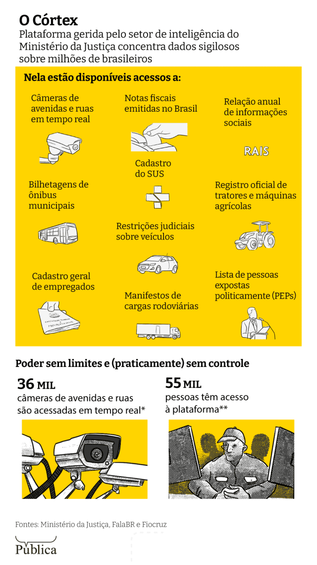 Infográfico mostra quais os dados disponíveis no Córtex, programa de vigilância do governo federal