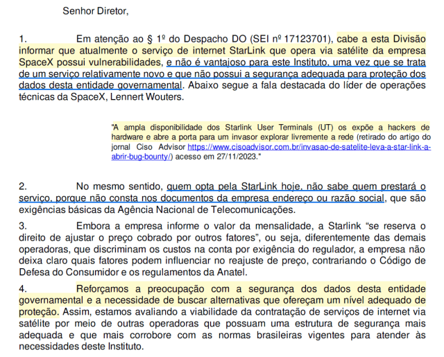 Trecho de análise do Incra sobre a segurança do equipamento da Starlink