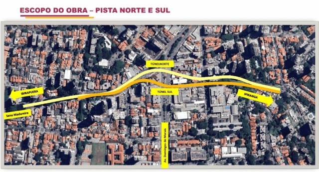 Documento de apresentação da obra, elaborado pela prefeitura de Ricardo Nunes, mostra o traçado das duas pistas do túnel da Sena Madureira, na Vila Mariana