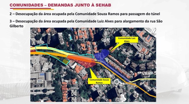 Documento de apresentação da obra, elaborado pela prefeitura de Ricardo Nunes, mostra as comunidades que serão desapropriadas para dar lugar ao túnel