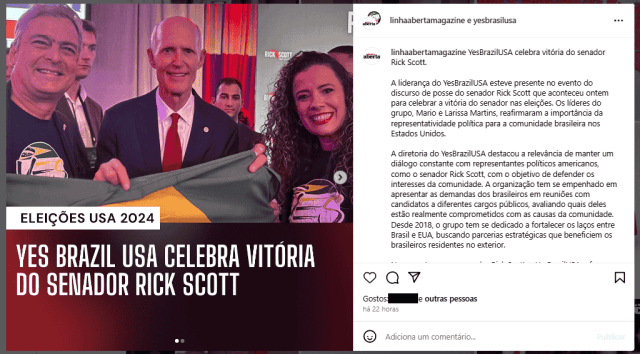 Representantes do Yes Brazil USA em festa de comemoração da reeleição do senador Rick Scott, pelo estado da Flórida