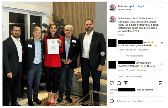 Deputada republicana Maria Elvira Salazar em jantar com deputados Eduardo Bolsonaro (PL-SP) e Marcel Van Hattem (Novo-SP), senador Eduardo Girão (Novo-CE) e comentarista político Paulo Figueiredo