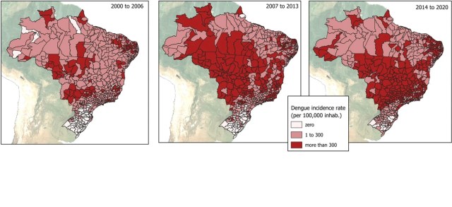 Incidência de dengue no Brasil por 100 mil habitantes entre 2000 e 2006, 2007 e 2013 e 2014 até 2020