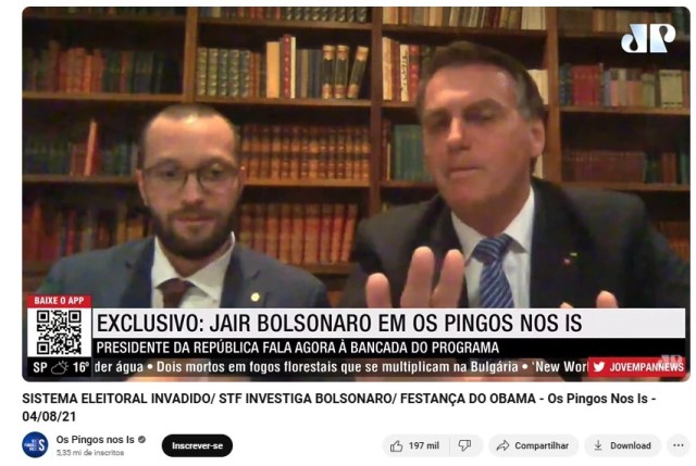 Print de entrevista do programa Pingos Nos Is, da Jovem Pan, com Jair Bolsonaro