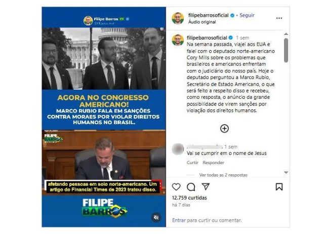 Publicação de Filipe Barros na rede social Instagram