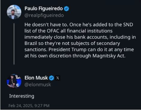 Reprodução de conversa entre Paulo Figueiredo e Elon Musk na rede social X