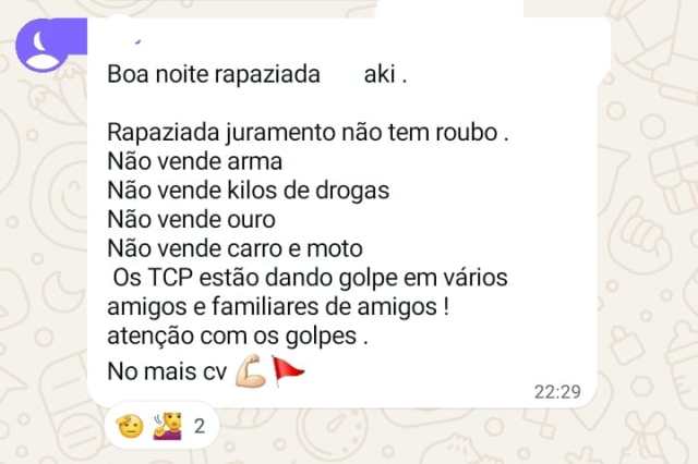 Print de mensagem enviada em grupo de WhatsApp do Comando Vermelho