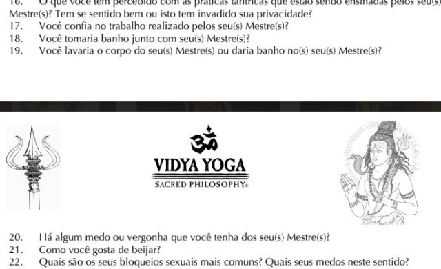 Trecho de questionário com perguntas íntimas em formulário feitas a alunos por um guru de ioga, abordando temas como banho, nudez e sexualidade