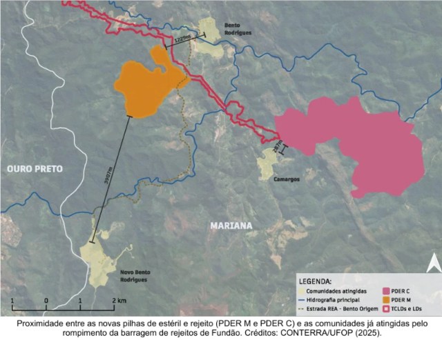 Mapa mostra exploração da Samarco em Mariana, Minas Gerais. As manchas laranja e rosa representam as pilhas de rejeito e estéril planejadas pela empresa
