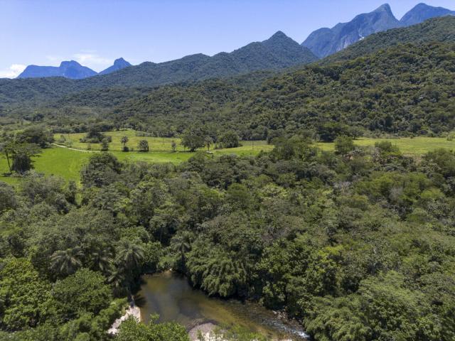 Vista da Prainha do Rio Guapiaçu, com área de Mata Atlântica restaurada pelo Projeto Guapiaçu através de reflorestamento e monitoramento de espécies, ao redor.