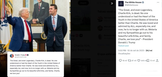 Foto de Donald Trump ao lado de Charlie Kirk dentro da Casa Branca, acompanhada de um post nas redes sociais onde Trump lamenta a morte de Kirk e envia condolências à família.