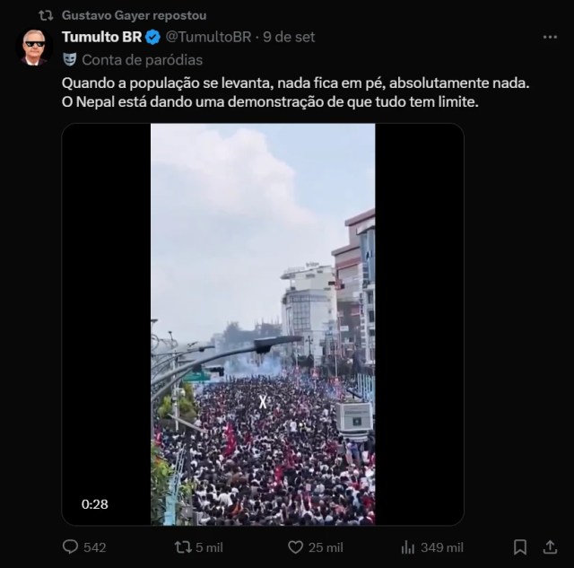 Publicação em rede social sobre o conflito civil no Nepal