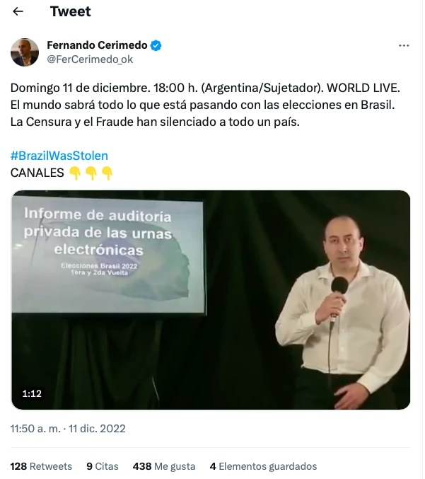 Reprodução de tweet de Fernando Cerimedo.