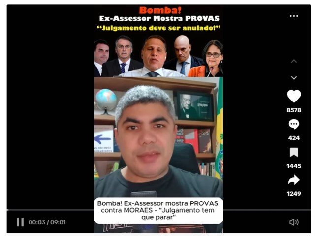 Captura de TikTok em rede social mostra homem falando diante de estante de livros, enquanto uma montagem acima reúne imagens de Bolsonaro e ministros do STF, em referência ao julgamento de Bolsonaro no STF.